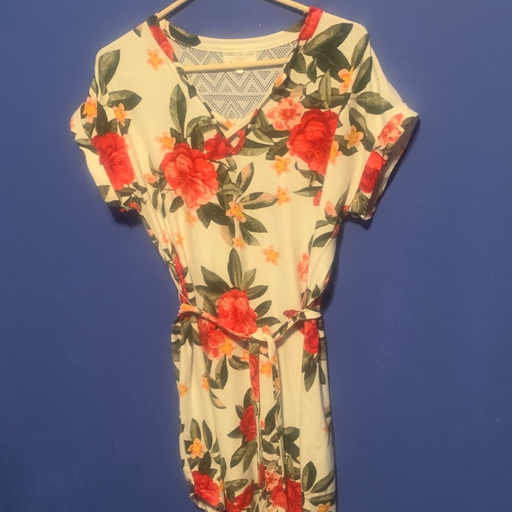 Bobbie Brooks Cream Floral V-Neck Dress with Red Flowers